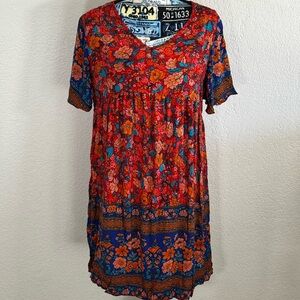 Vibrant Floral Mini Dress - Red and Blue